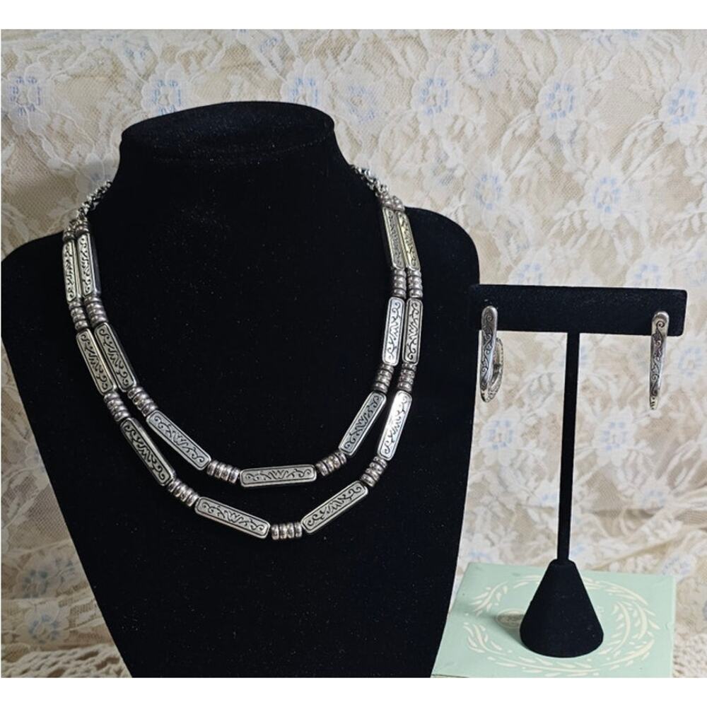 Vintage Brighton Double Strand Etched Silver Bar Necklace and Earring Set